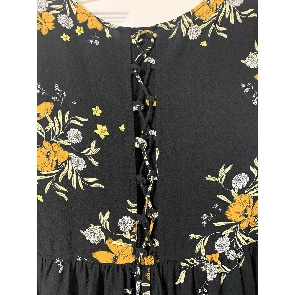 ZARA Floral Lace Up Back‎ Midi Dress ShortSleeves Medium Black Yellow